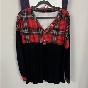 Red Plaid and Black Long Sleeve Top